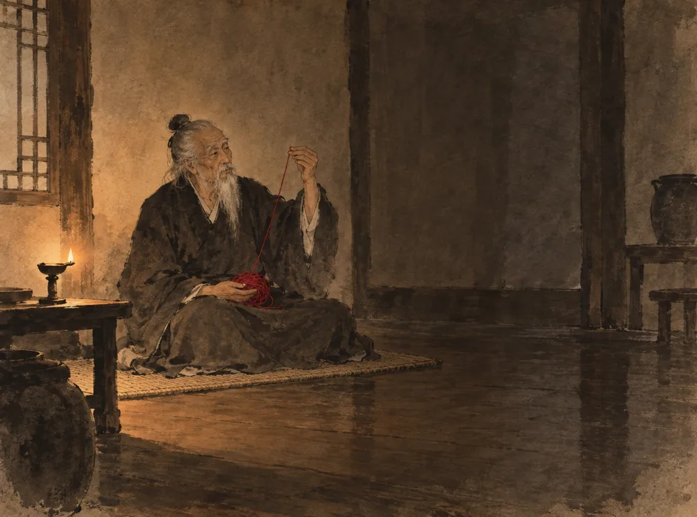 夕暮れの明かりの中、老人が紅い糸の束を膝にのせ、一本の糸をじっと見ている。